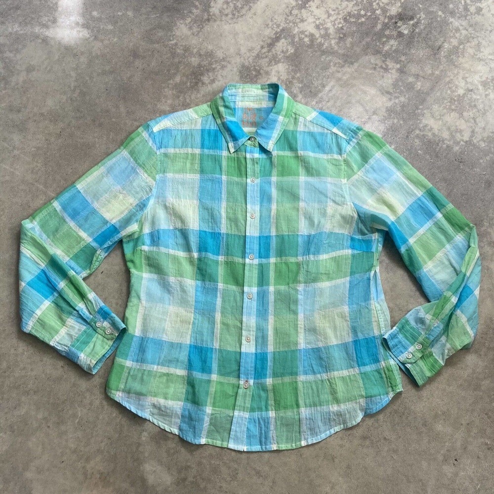 J.Mclaughlin Shirt Womens Size 10 Relaxed Cameron Button Up Blue Green Collared